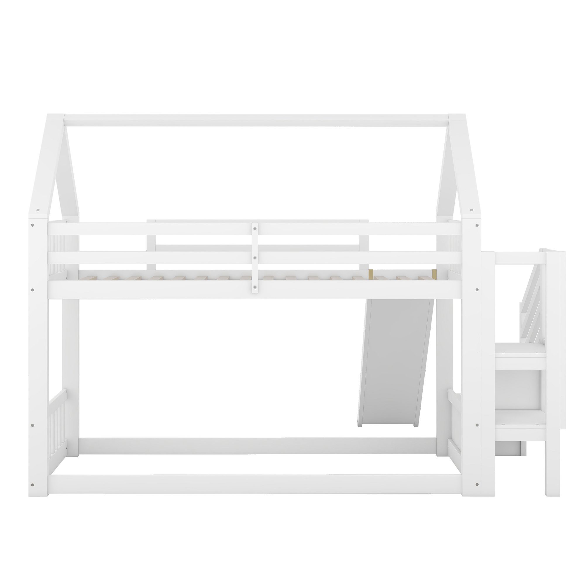 OKWISH Bett Etagenbett, Kinderbett, Hausbett 90x200cm (mit Stauraumtreppe und Rutsche, mit Geländer), geeignet für Kinder, Jugendliche, Ohne Matratze
