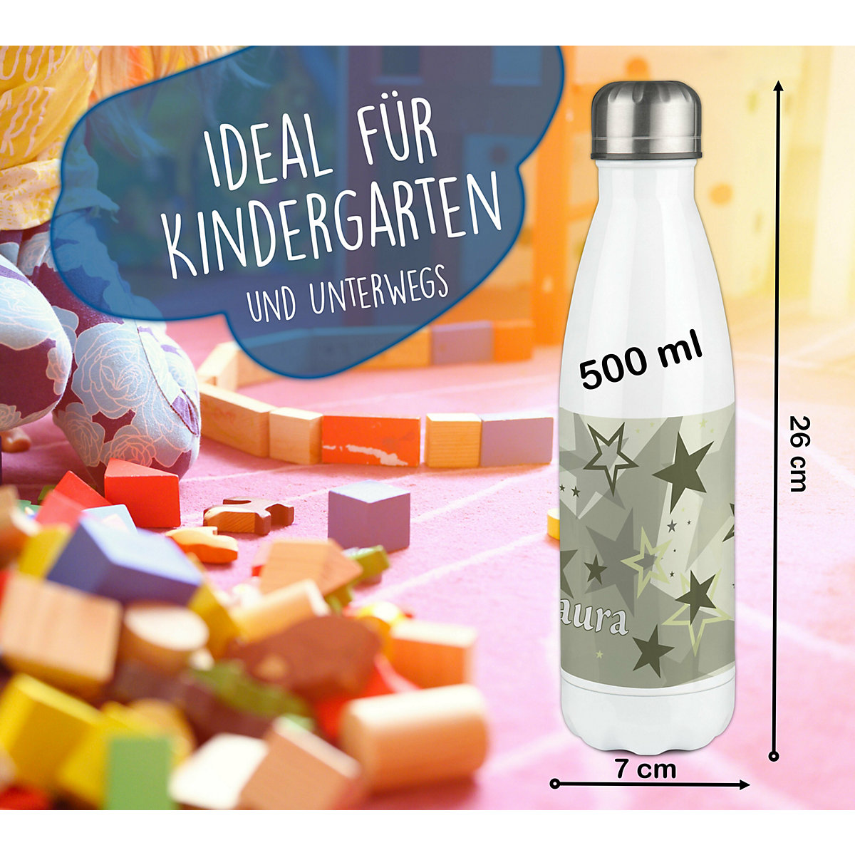 Edelstahl Kinder Thermoflasche / Trinkflasche bunt Sternenhimmel Farbe grau beige Spülmaschinenfest, Auslaufsicher, Bruchfest, Doppelwandig, Für Heißgetränke geeignet, Mit Deckel, Isoliert