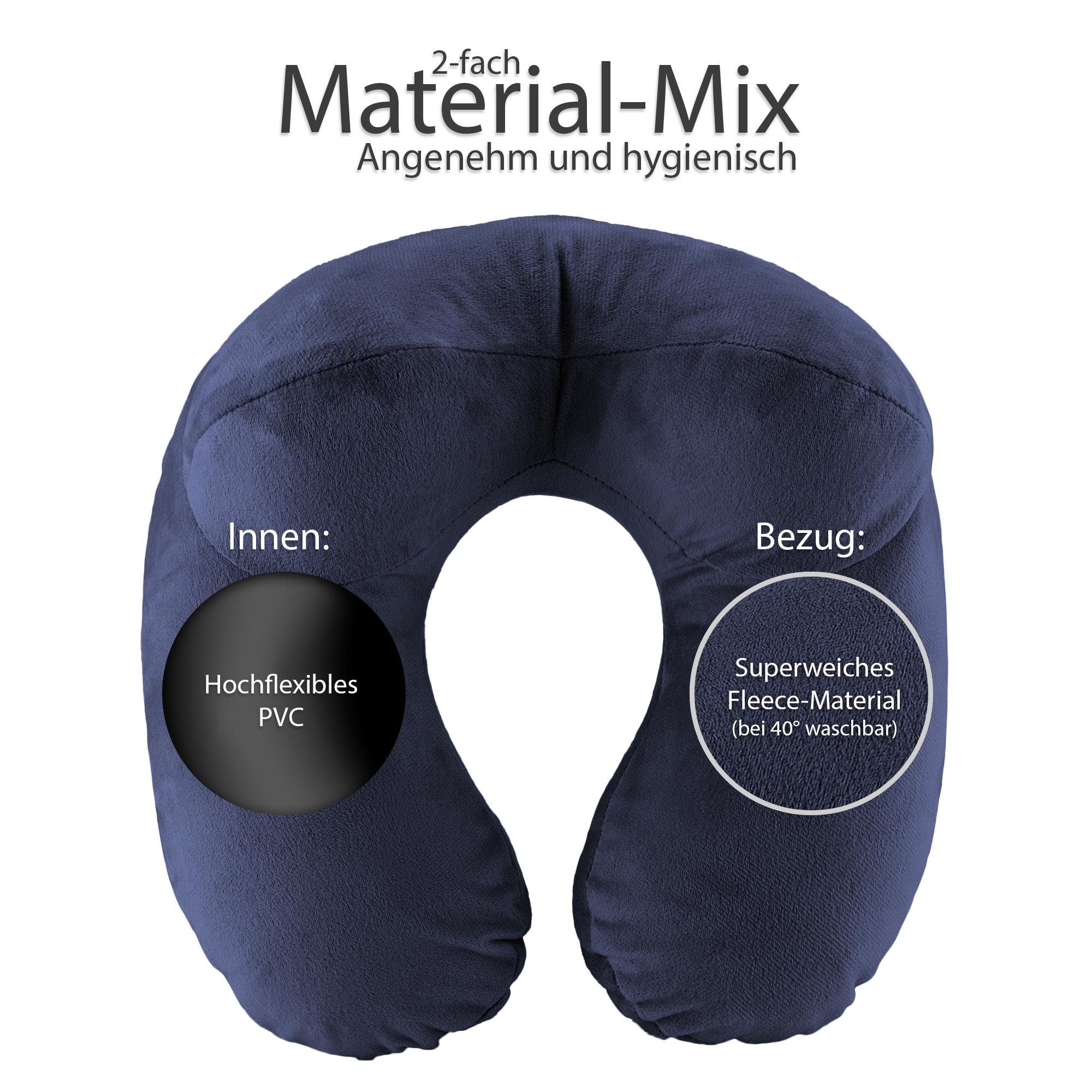 EAZY CASE Nackenhörnchen Aufblasbares Nackenhörnchen mit Stoffbezug, Nackenhörnchen, ergonomisch, U-Form, aufblasbares Nackenkissen, Camping, Weiches Fleece Kissen, Auto Reise Set inklusive Schlafmaske & Ohrstöpsel, Blau