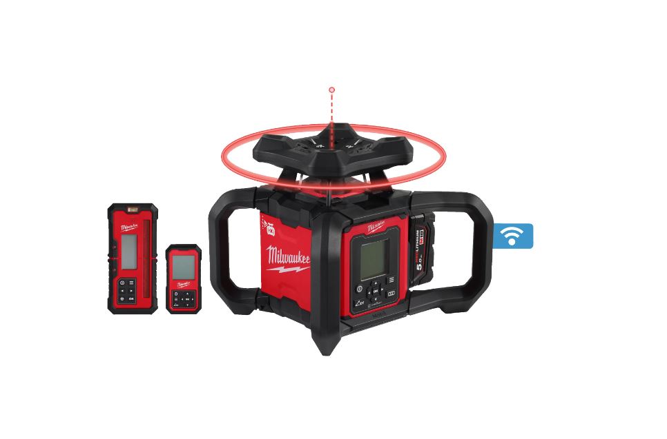 Milwaukee M18 RLOHV1200-501C vízszintes/függőleges forgó dupla dőlésszögű piros lézer 18 V 5.0 Ah Li-ion akkumulátorral (4933493204)