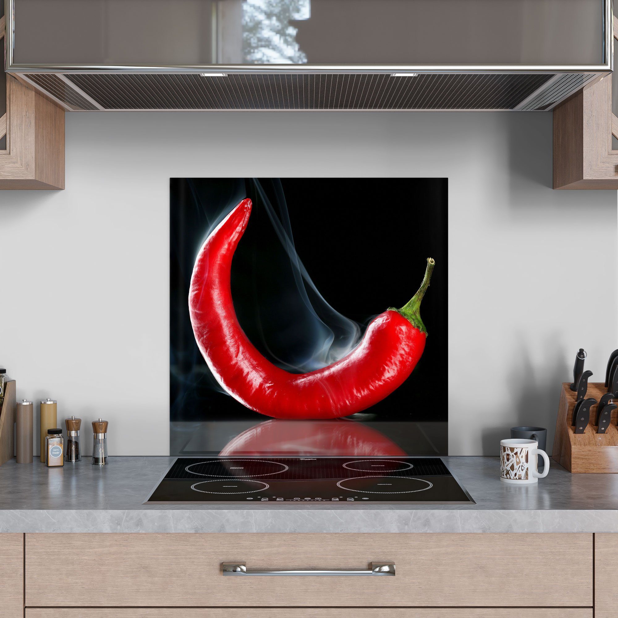 DEQORI Küchenrückwand 'Feurige Chilischote', Glas Spritzschutz Badrückwand Herdblende