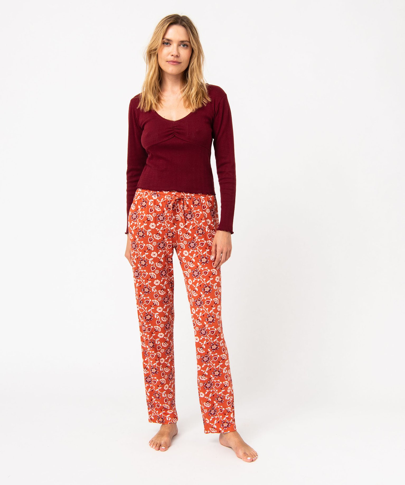 Haut de pyjama à manches longues en maille ajourée femme marron | GEMO