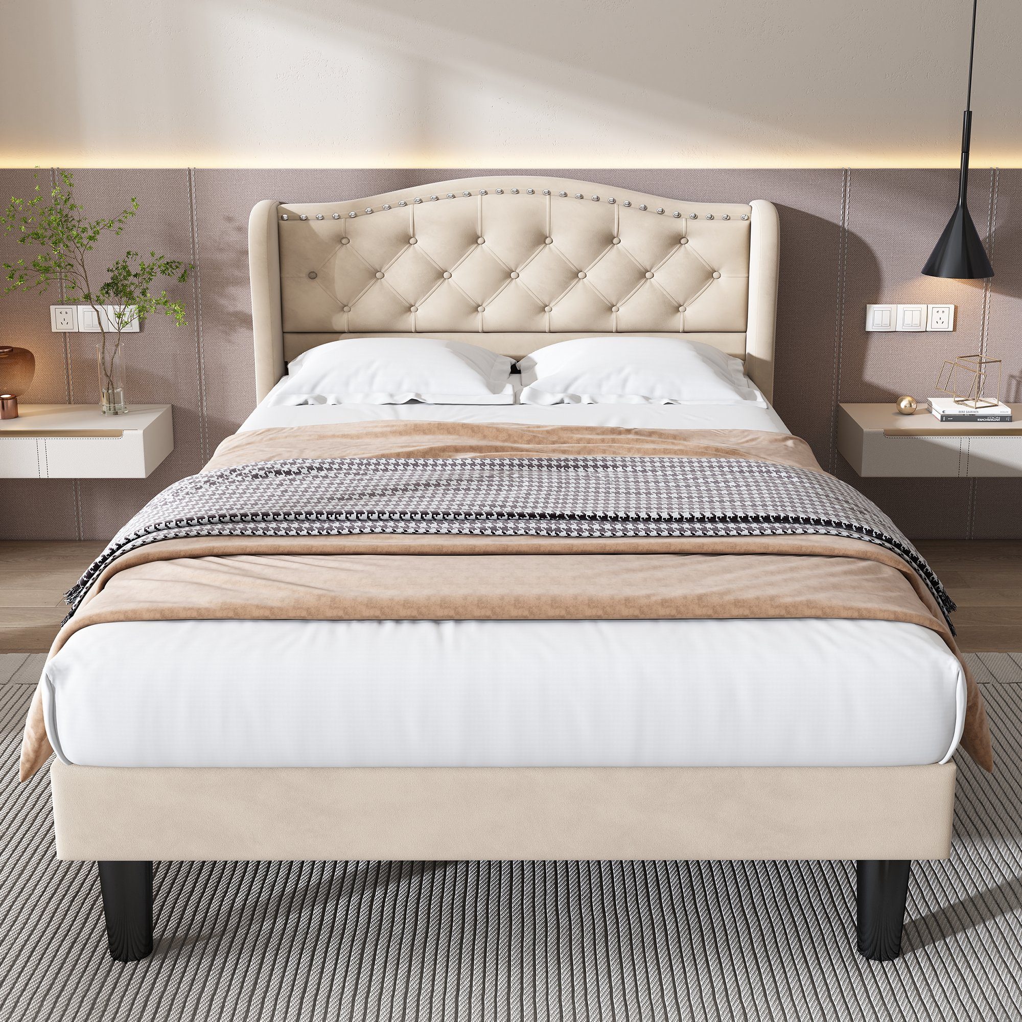 OKWISH Polsterbett Stilvolles Soft-Polsterbett mit samtigen Kopfteil (90x200 cm Ohne-Matratze), Knopf-Dekor und stabilen Holzplatten, Beige