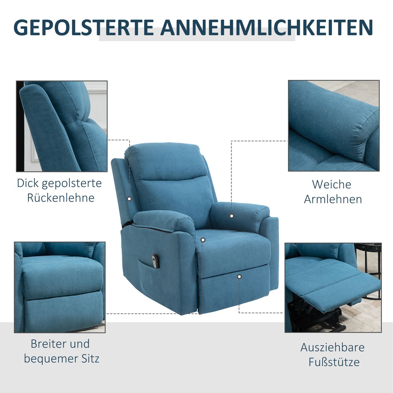 HOMCOM elektrischer Aufstehsessel Sessel mit Aufstehhilfe für Senior Relaxsessel Fernsehsessel Liegefunktion Leinen-Touch Blau 83 x 89 x 102 cm