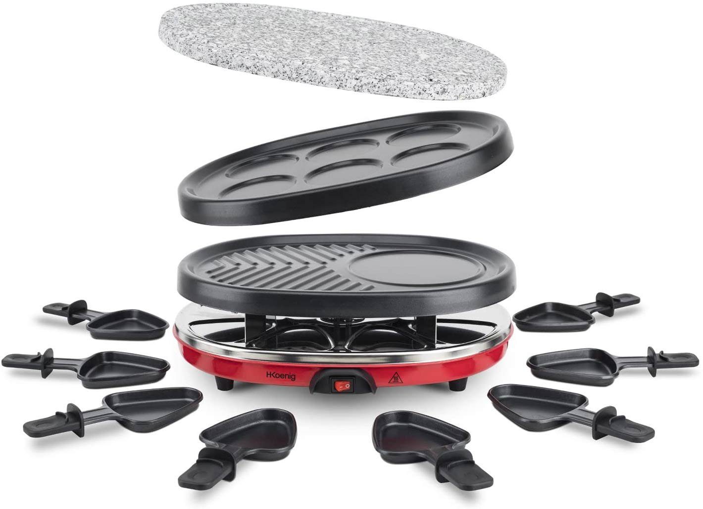 H.Koenig Raclette RP-412 mit wechselbaren Pletten, heißer Stein, 8 Raclettepfännchen, 900 W
