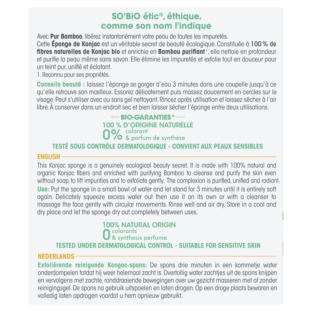 LÉA NATURE SO BiO étic Éponge de Konjac nettoyante exfoliante,tous types de peaux, Pur Bamboo Eponge