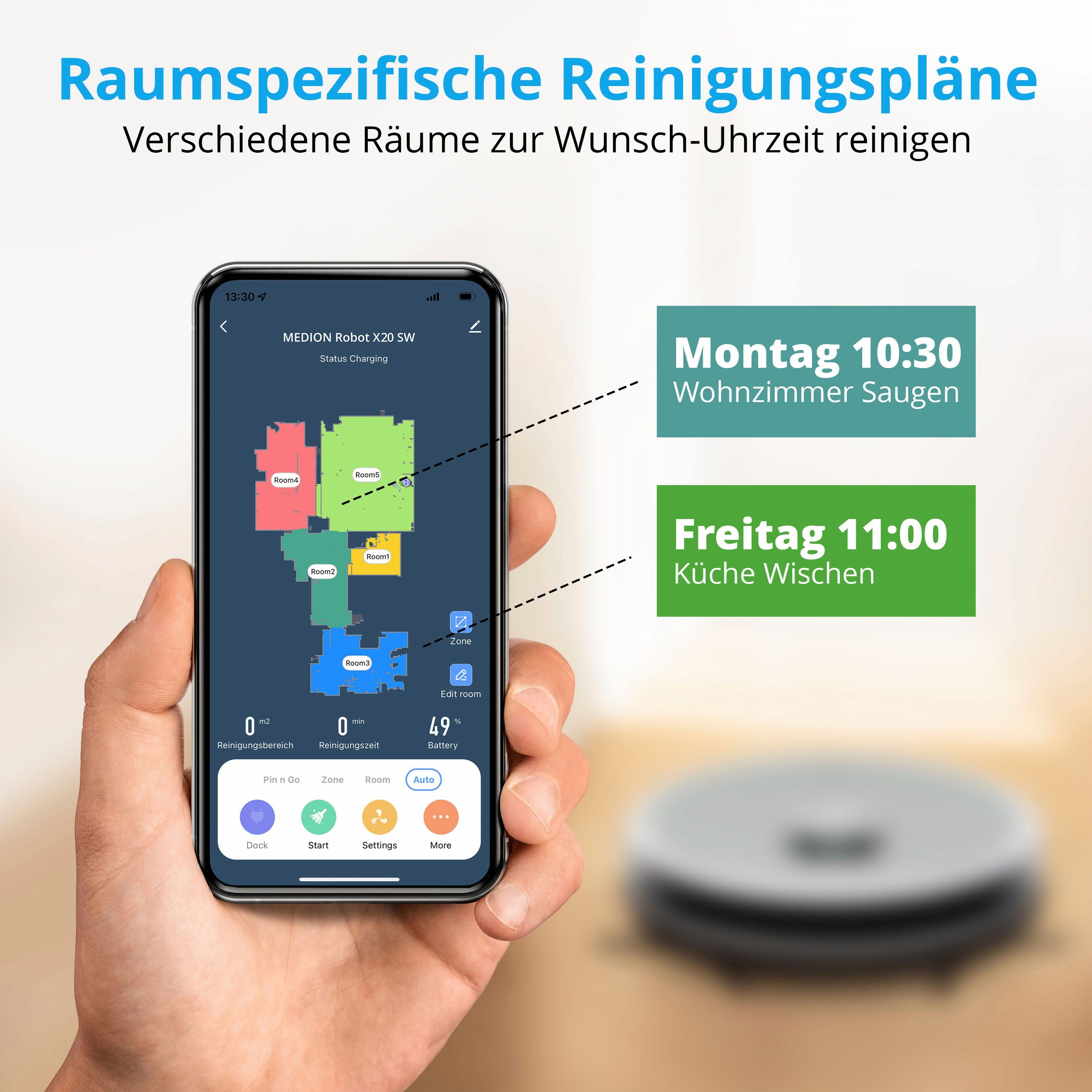Medion® Nass-Trocken-Saugroboter Saug- und Wischroboter mit Absaugstation (X21 SW), App Steuerung und automatische Entleerung