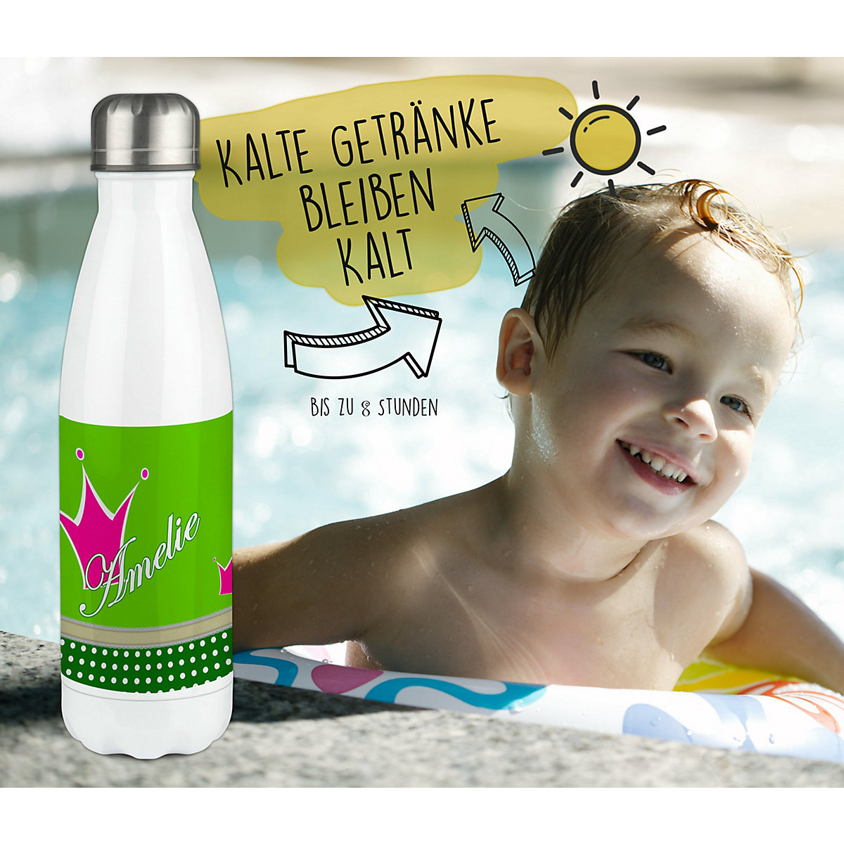 Edelstahl Kinder Thermoflasche / Trinkflasche bunt Krone Farbe pink apfelgrün Spülmaschinenfest, Auslaufsicher, Bruchfest, Doppelwandig, Für Heißgetränke geeignet, Mit Deckel, Isoliert