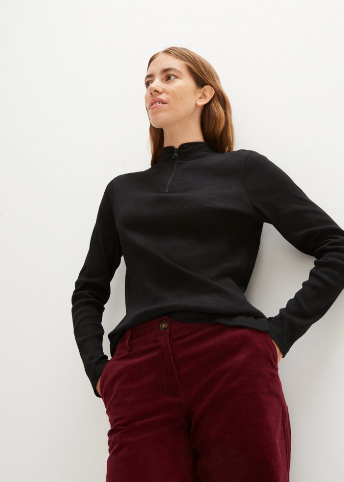Langarmshirt aus Rippe mit Troyer-Kragen