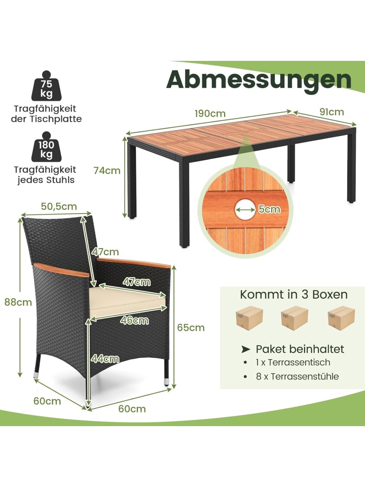 COSTWAY 9 tlg. Rattan Gartenmöbel Set für 8 Personen in Grau günstig kaufen onesize