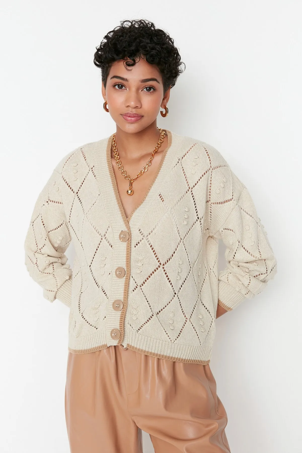 Trendyol Collection  Steinfarbener, durchbrochener Strickcardigan TWOAW22HI0290