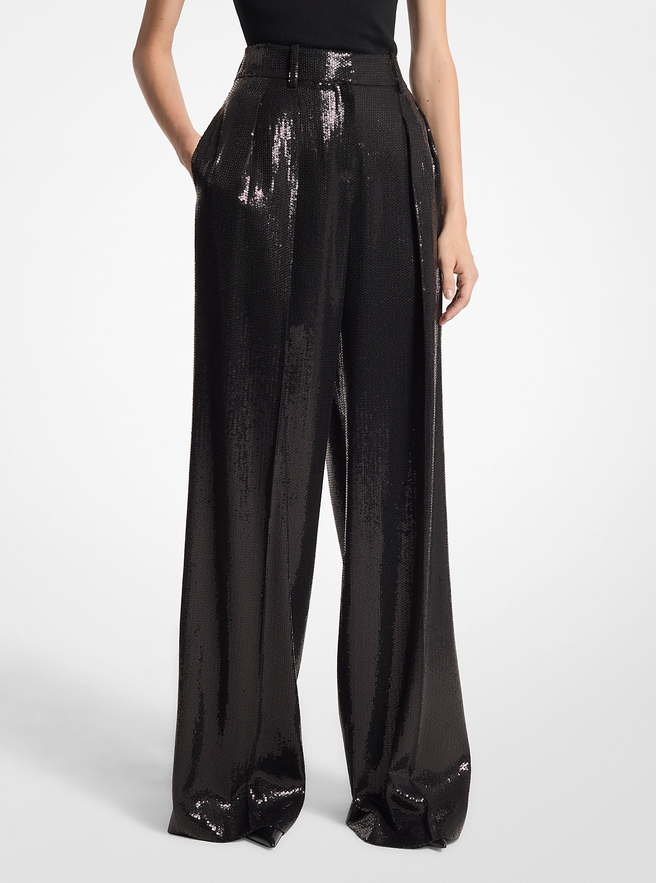 Sequined Crepe Sablé Wide-Leg Trousers - BLACK