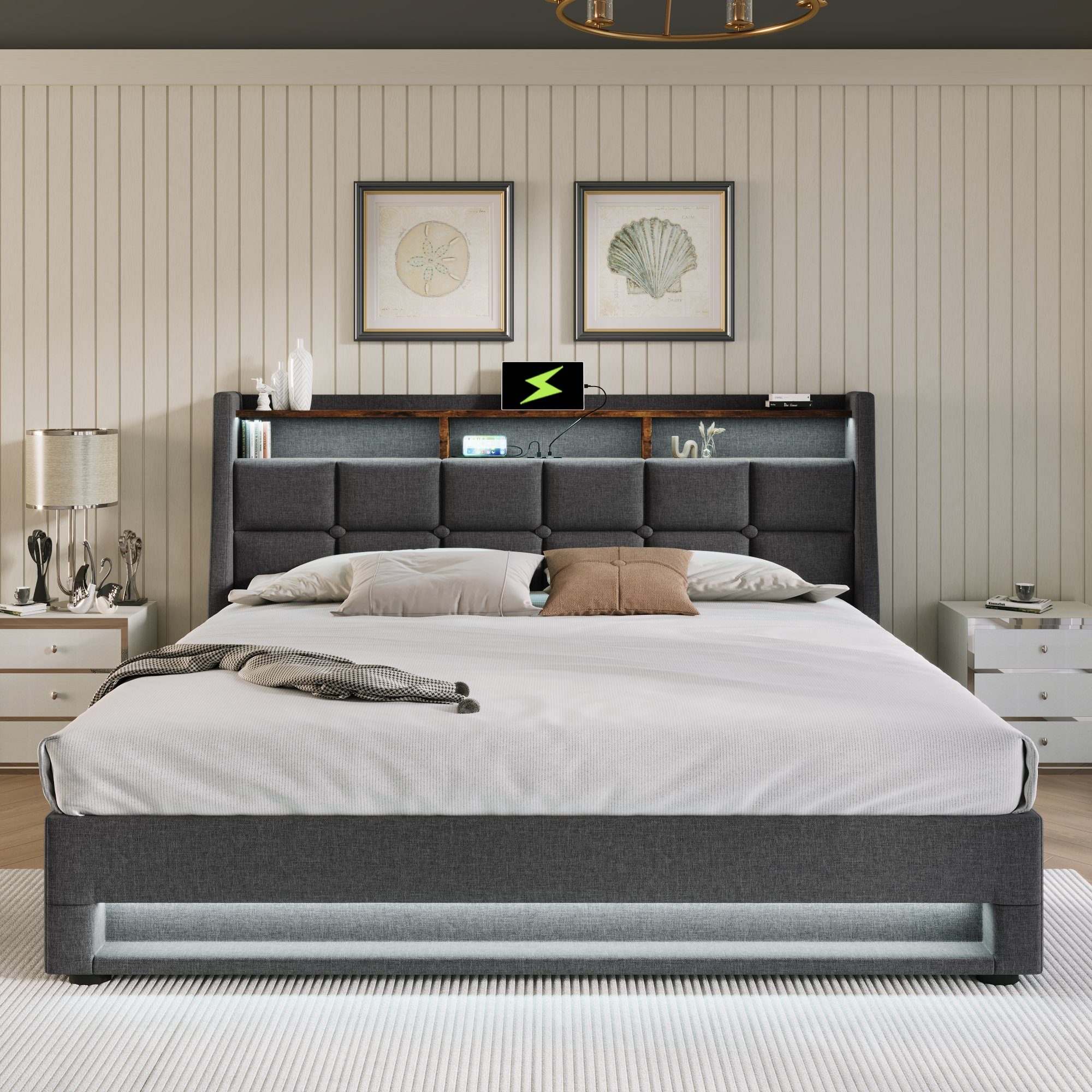 OKWISH Polsterbett Bett (LED Doppelbett Jugendbett mit USB/Typ-C Ladeanschluss), 160 x 200 cm Inklusive Matratze