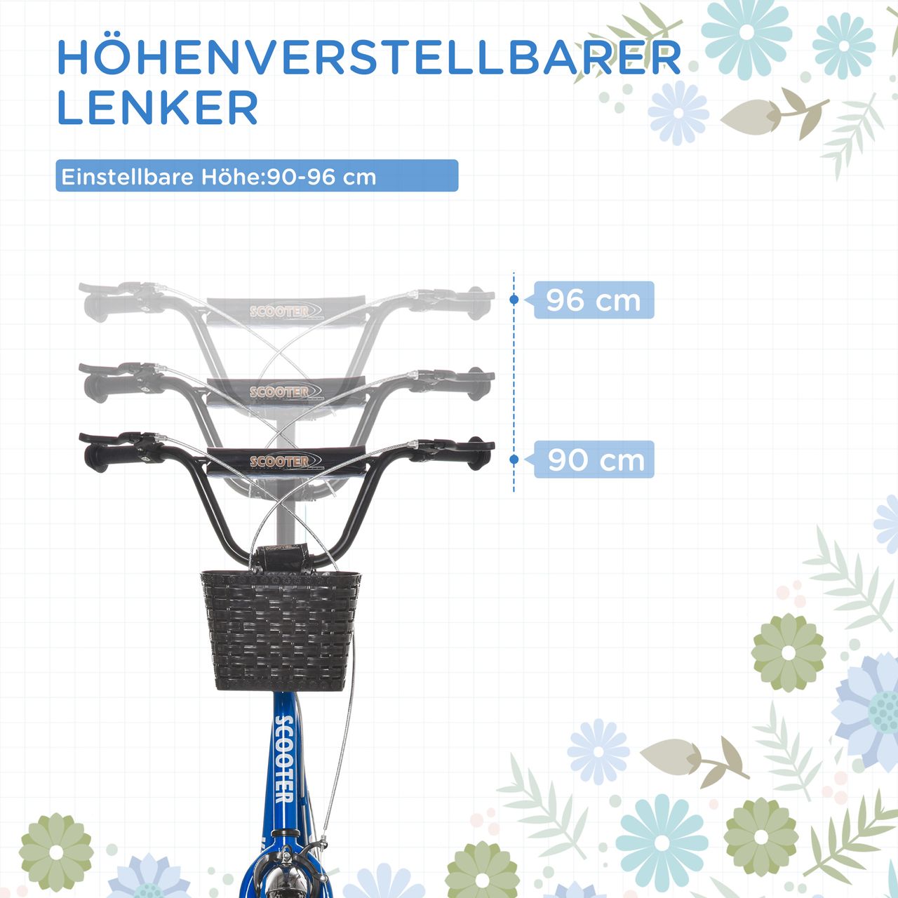 HOMCOM Kinderroller Tretroller mit Bremse Korb höhenverstellbar Gummi Blau