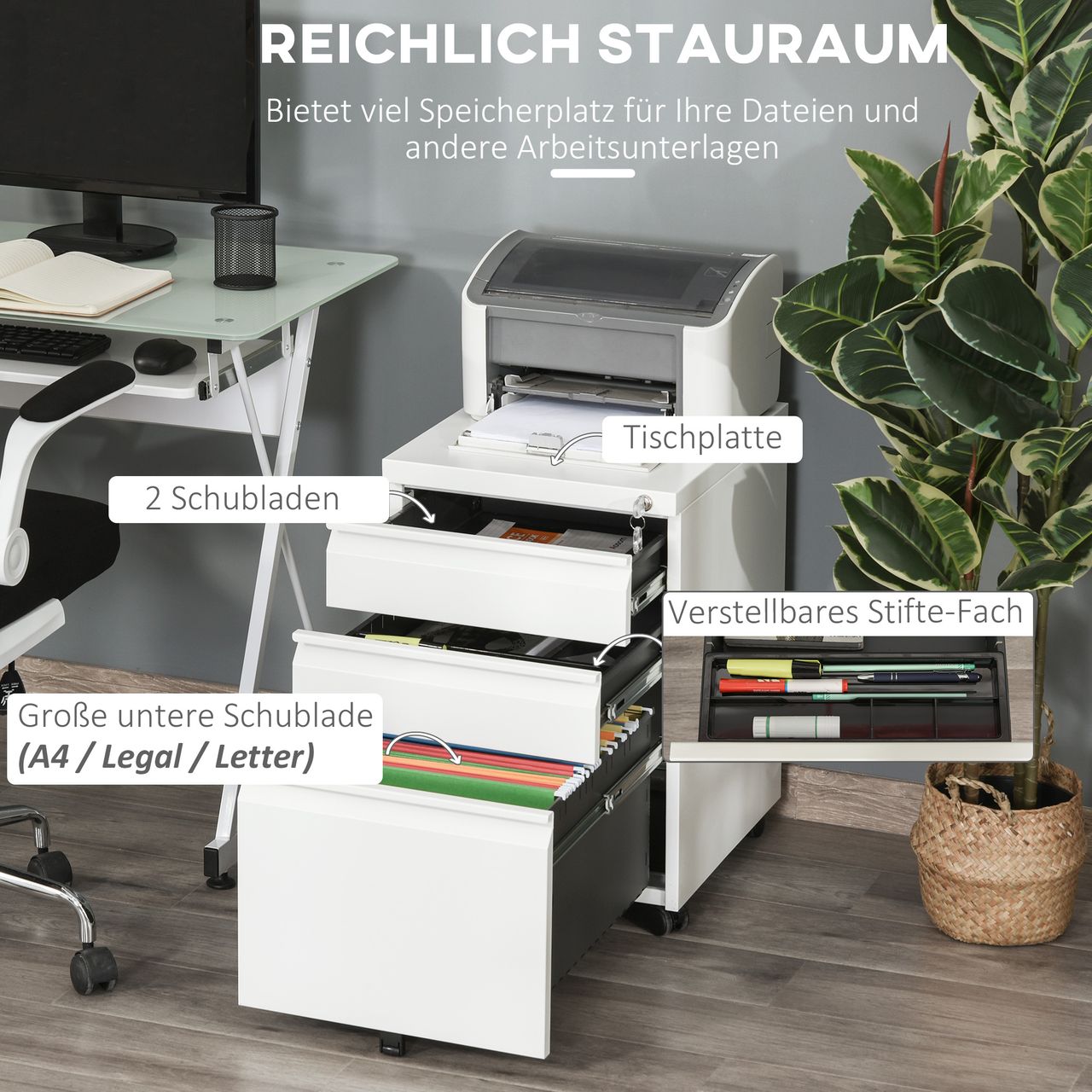 Vinsetto Rollcontainer mit 3 Schubladen Stahl Weiß
