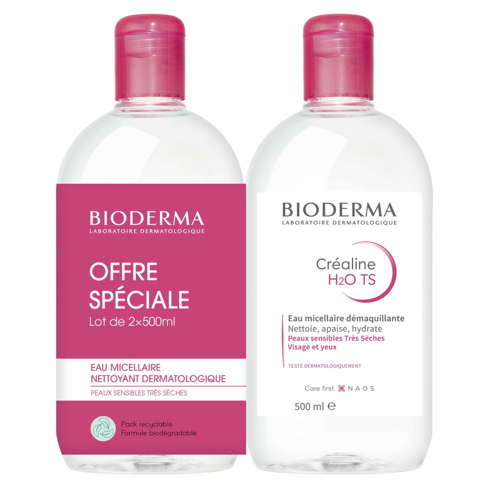 Bioderma CREALINE H2O TS Eau micellaire démaquillante 2x500 ml  Peaux très sèches Démaquillant/Nettoyant