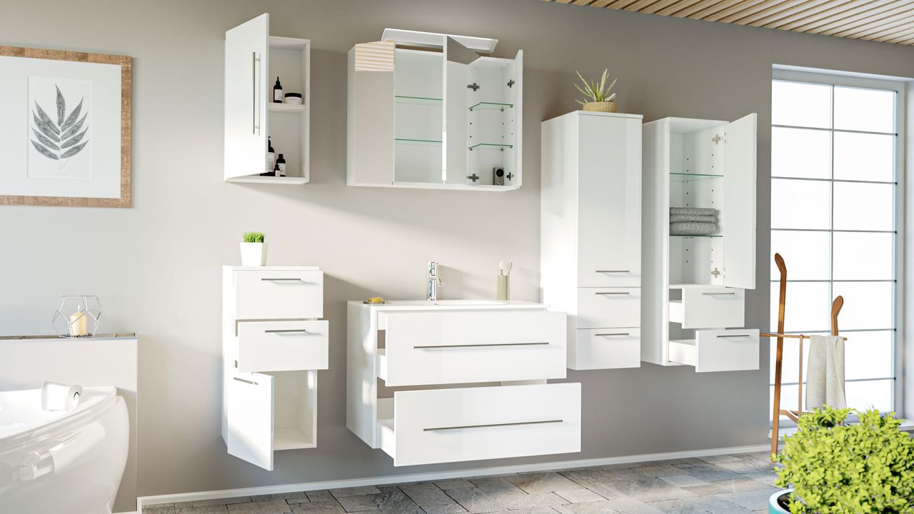 Posseik Badmöbel-Set HOMELINE 80 cm (6-teilig) weiß hochglanz EEK: F