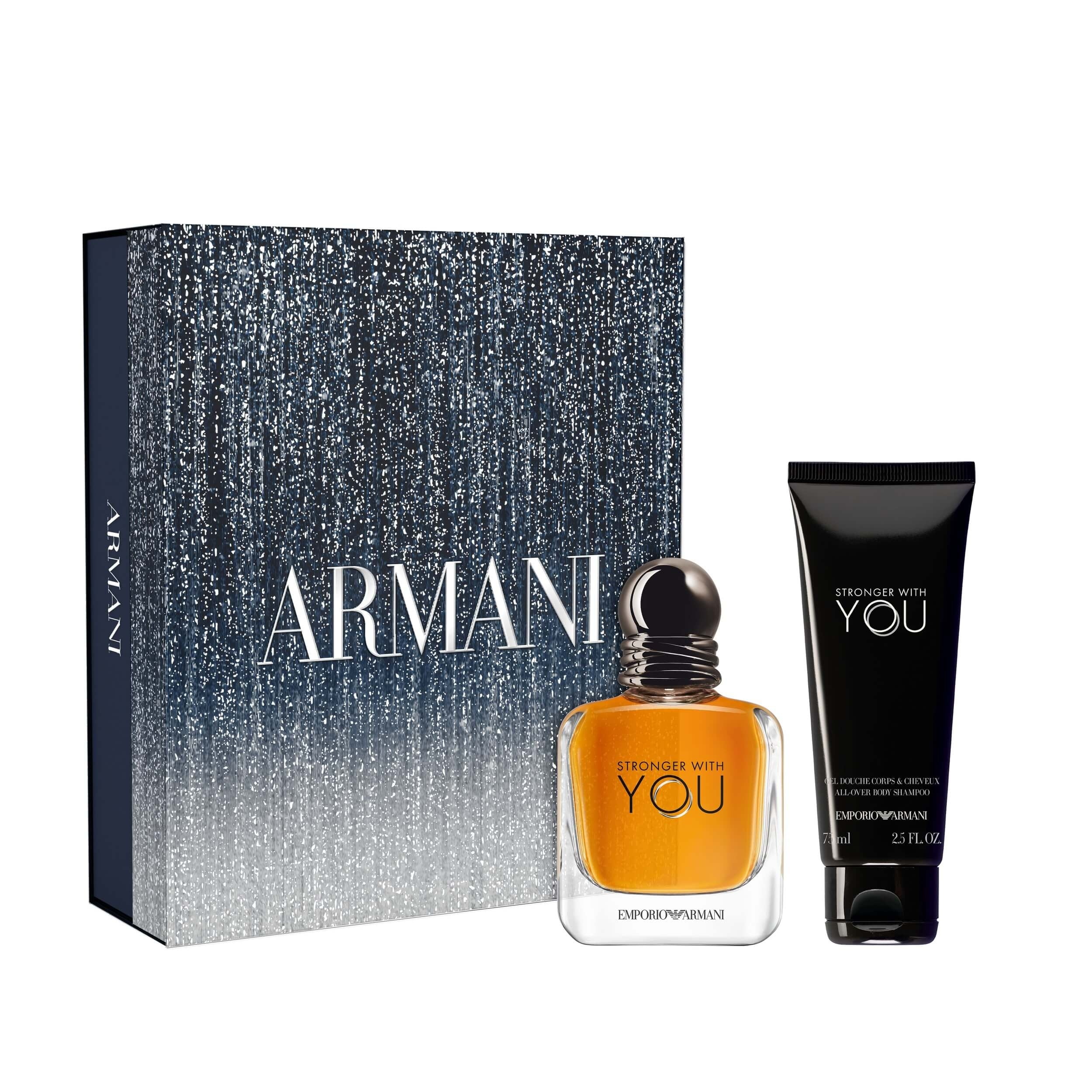 Поклон сет Emporio Armani за њега Stronger With You + гел за туширање 75ml - Празник 2025 - кутија за мушке парфеме, тоалетна вода