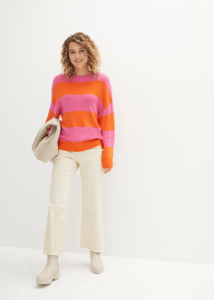 Rundhals-Feinstrickpullover mit Blockstreifen
