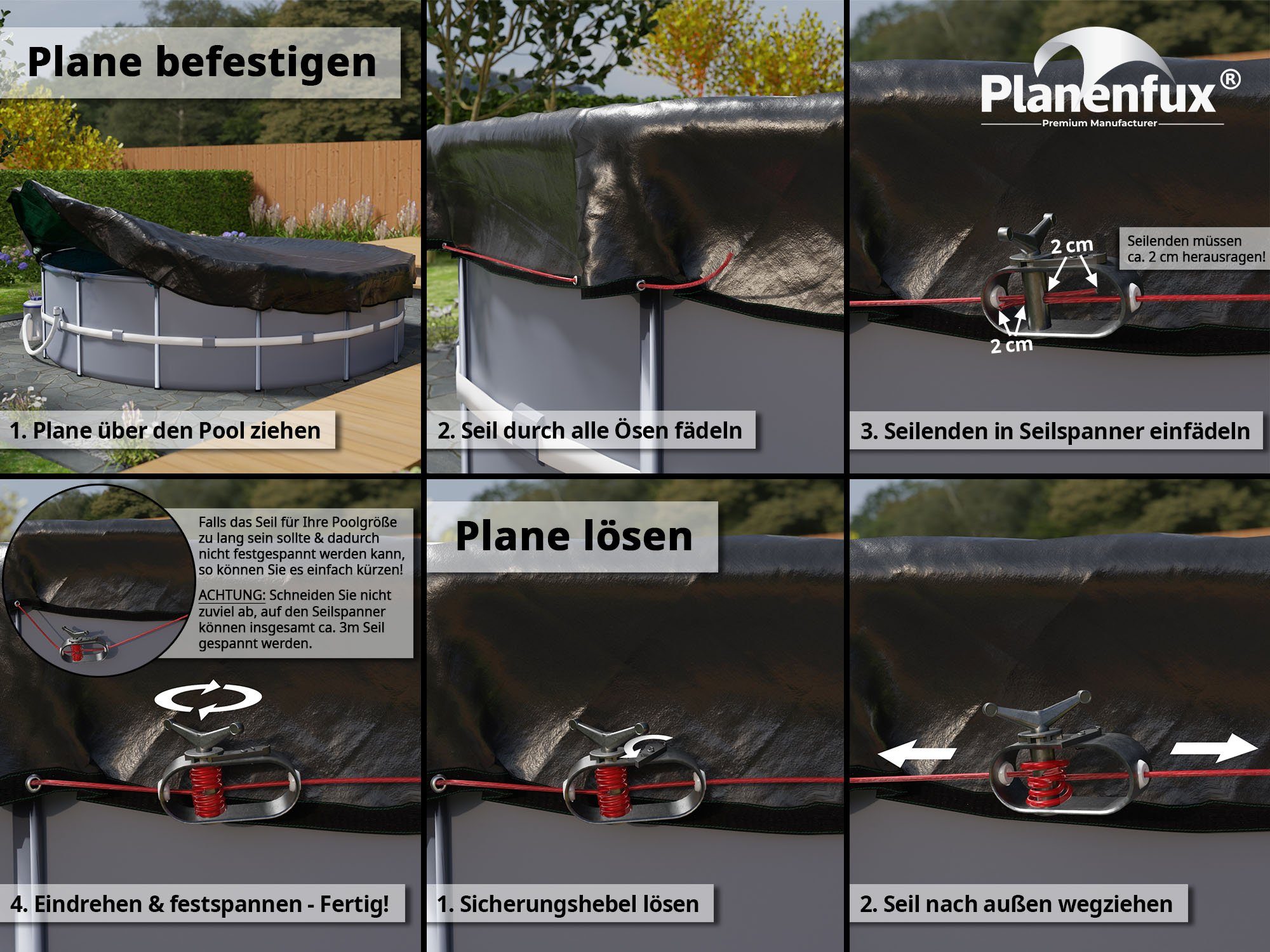 Planenfux® Pool-Abdeckplane Beidseitig nutzbare 2-in-1 Poolplane für Rundpools (Set), Ø 320 - 366 cm Poolabdeckung für runde Pools aus UV-resistentem 200g/m² PE Material