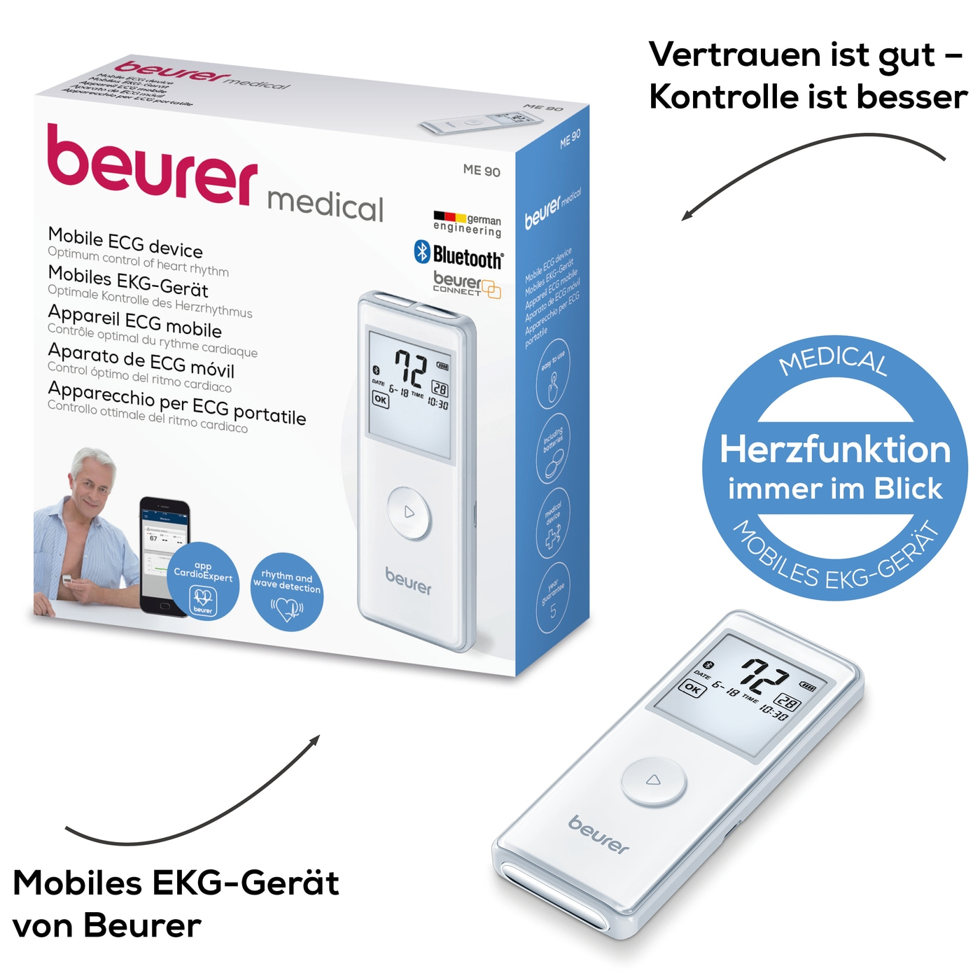 Beurer mobiles EKG-Gerät  ME 90-App-kompatibles & mobiles EKG-Gerät zur Herzrhythmus Aufzeichnung und Kontrolle