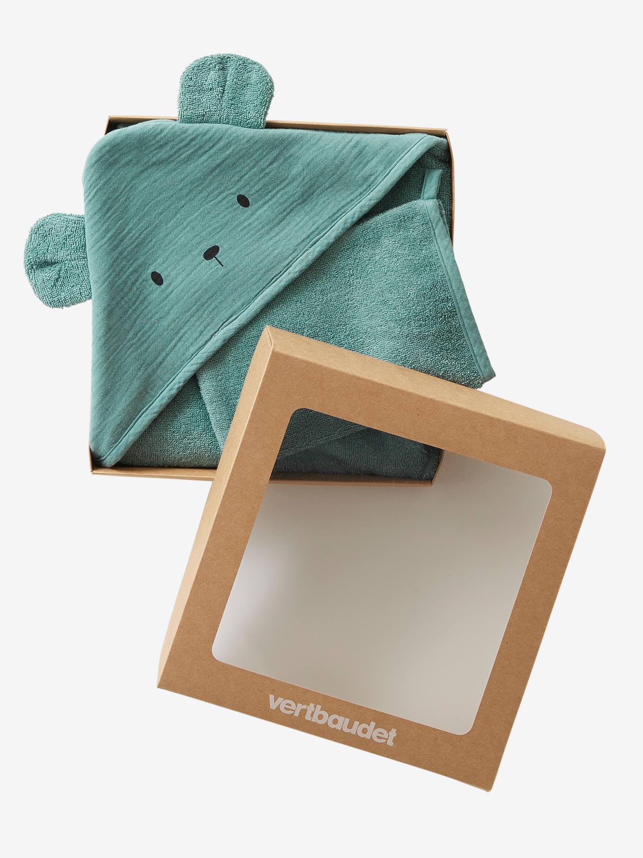 Cape de bain + gant en gaze de coton bio*, bleu