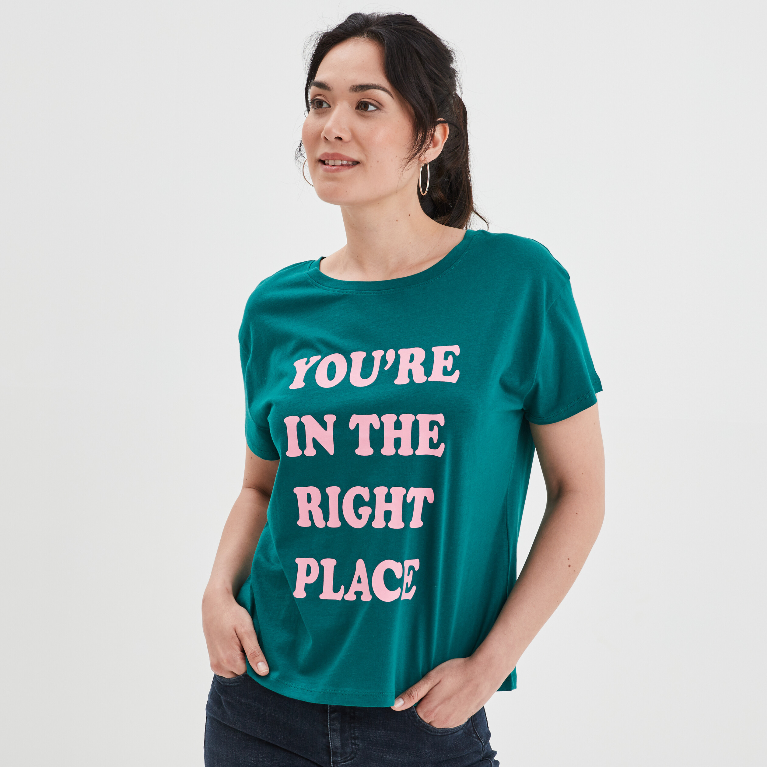 T-shirt col rond manches courtes coton vert émeraude femme | La Halle