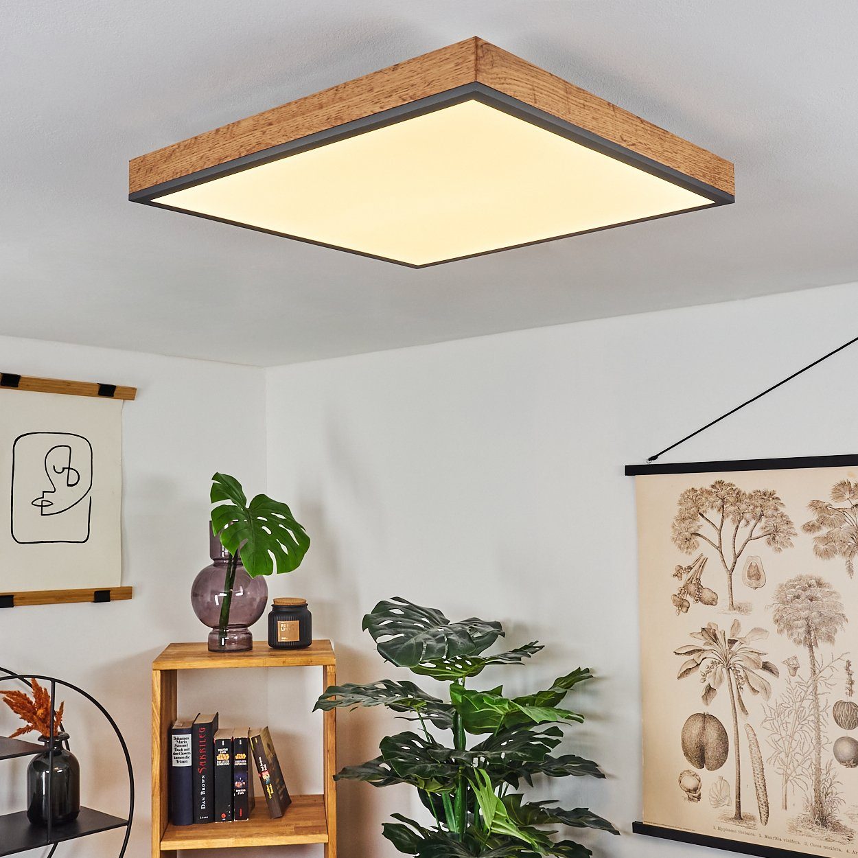 hofstein Deckenleuchte Vacil modernes Deckenpanel aus Metall, MDF, Schwarz/Weiß/Holzoptik, 3000 Kelvin, 24 Watt, 2100 Lumen, eckige Deckenlampe in flachem Design