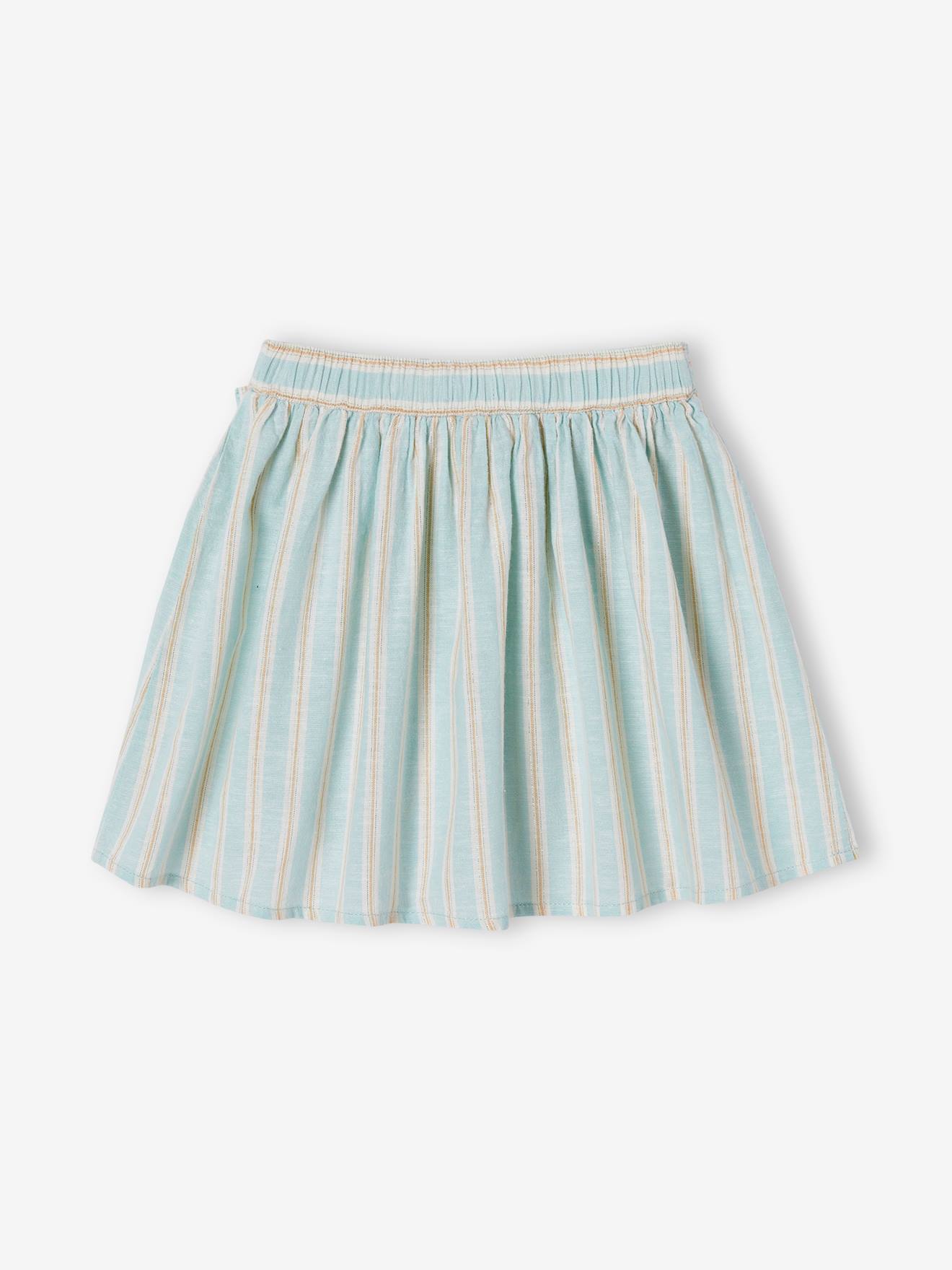 Jupe rayée fil brillant fille en coton/lin bleu pâle