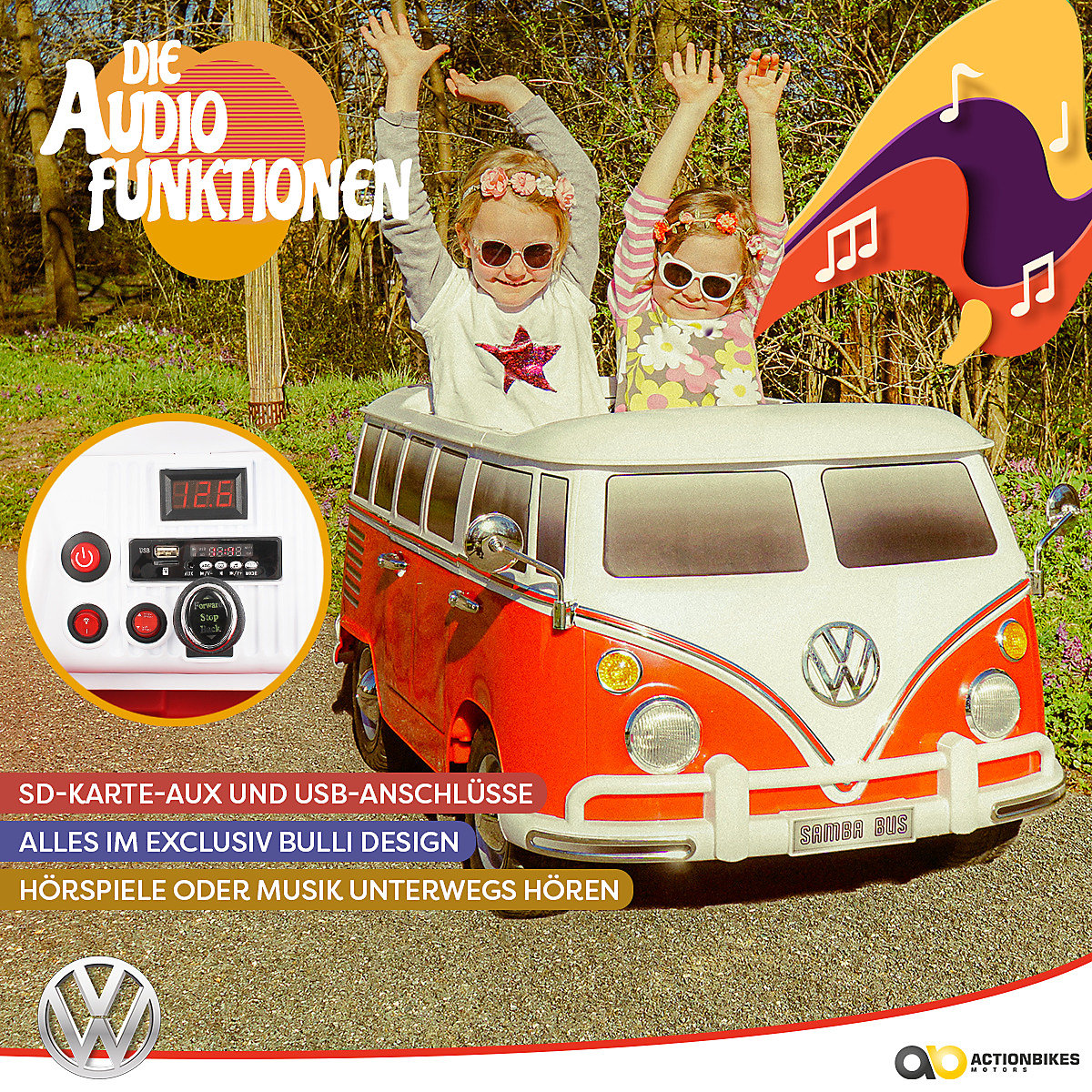 Kinder Elektroauto VW Bus Bulli T1 Samba Camper Lizenziert - 2x35 Watt - Kinderauto mit Fernbedienung - Soundmodul