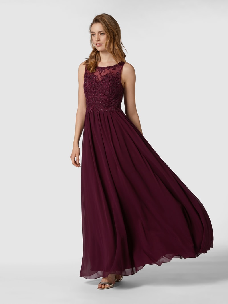 Abendkleid mit Ziersteinen und floralen Stickereien in bordeaux rot