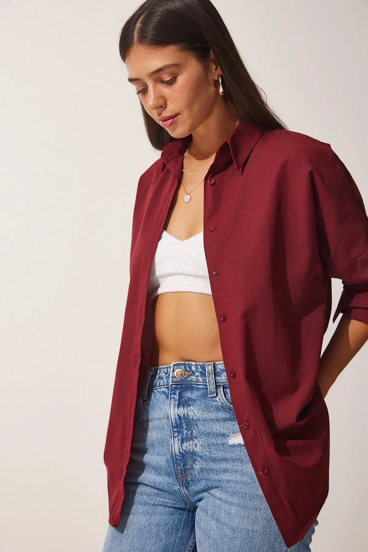 Happiness İstanbul  Burgunderrotes, langes Basic-Shirt für Damen in Übergröße DD00842