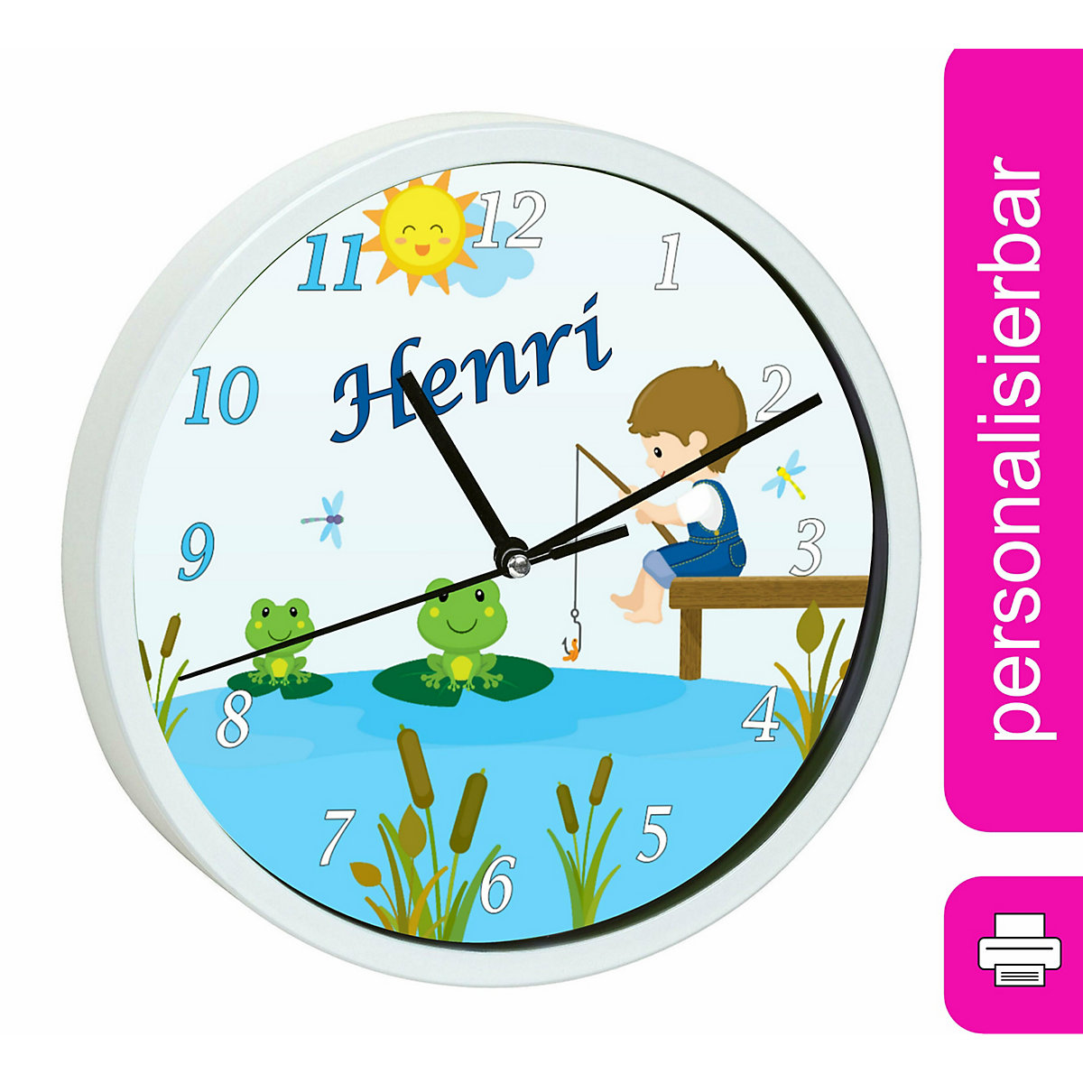 Kinder Wanduhr personalisiert mit Name Froschteich