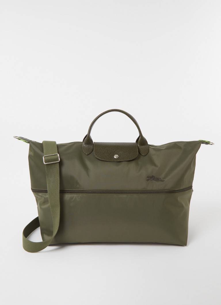 Geantă de voiaj extensibilă Longchamp Le Pliage, verde, cu detalii din piele.