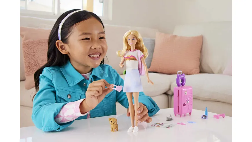Barbie Reise-Puppe (blond), Anziehpuppe mit Hund & Urlaubs-Zubehör