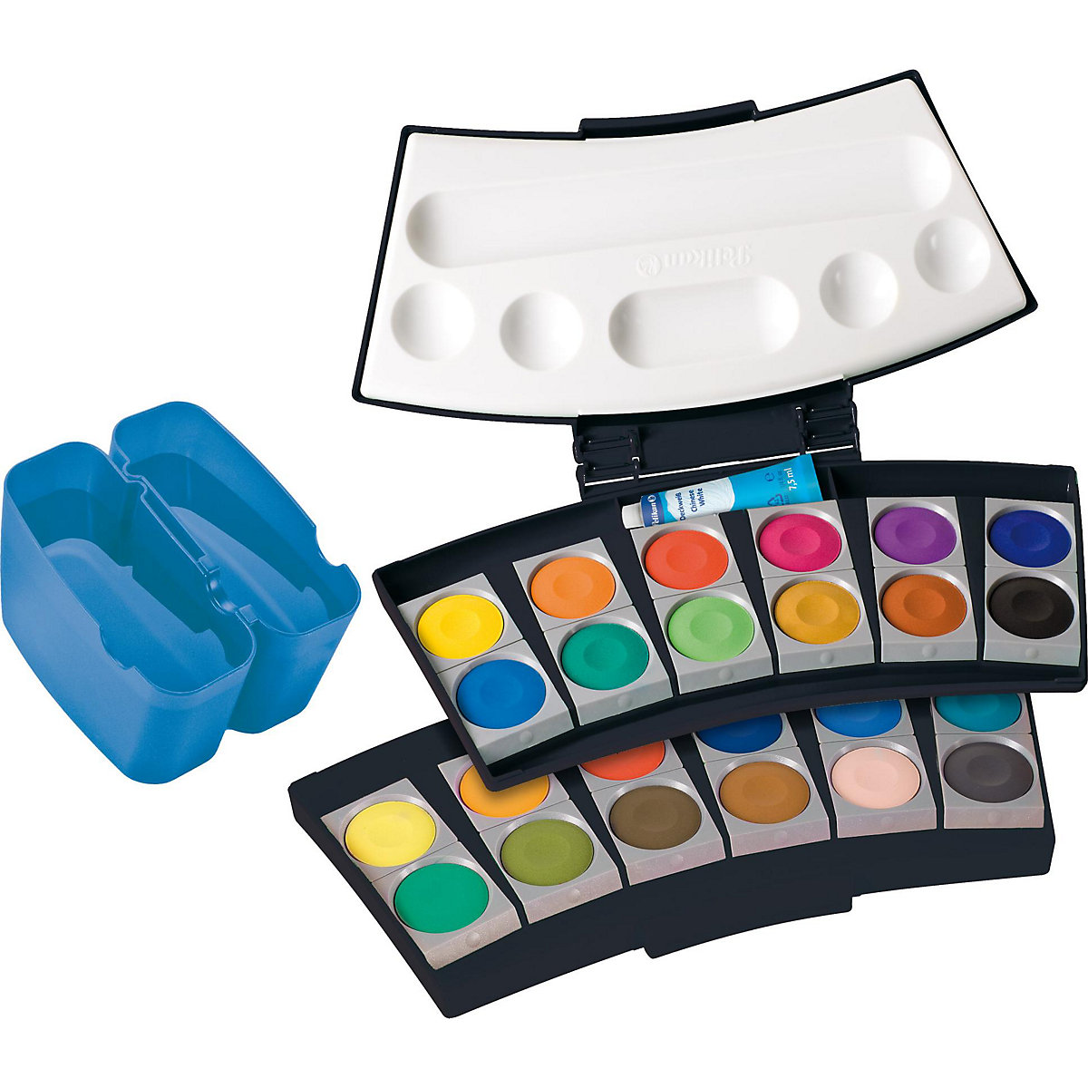 Deckfarbkasten ProColor schwarz/blau, 24 Farben, inkl. Deckweiß & 2 Wasserboxen