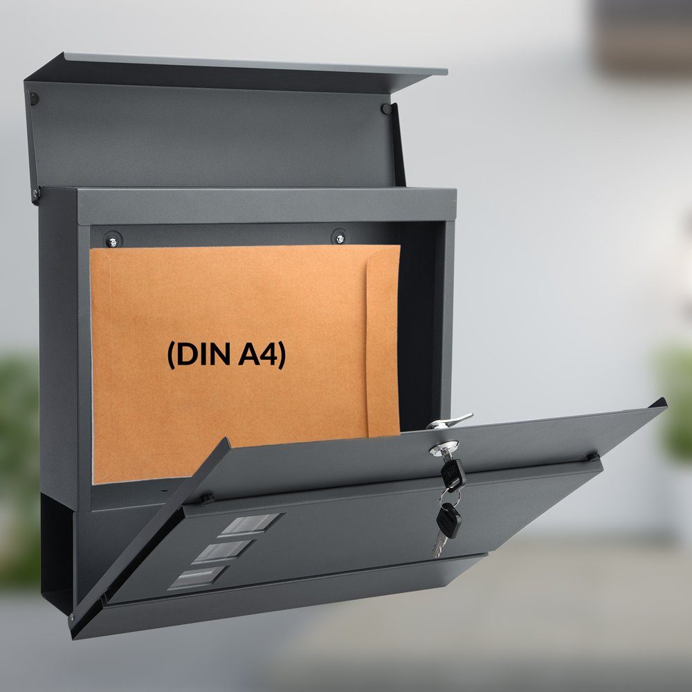 monzana Wandbriefkasten, Design Stahl mit Zeitungsfach Sichtfenster 2 Schlüssel