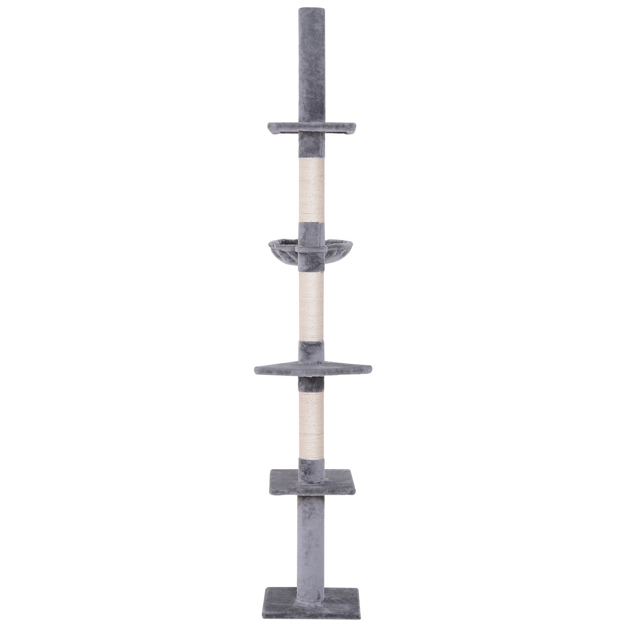 PawHut Katzenbaum, Kratzbaum mit Sisalsäulen, Katzenkratzbaum, Katzen Kletterbaum, Deckenhoch höhenverstellbar, Grau, 40 x 34 x 230-260 cm