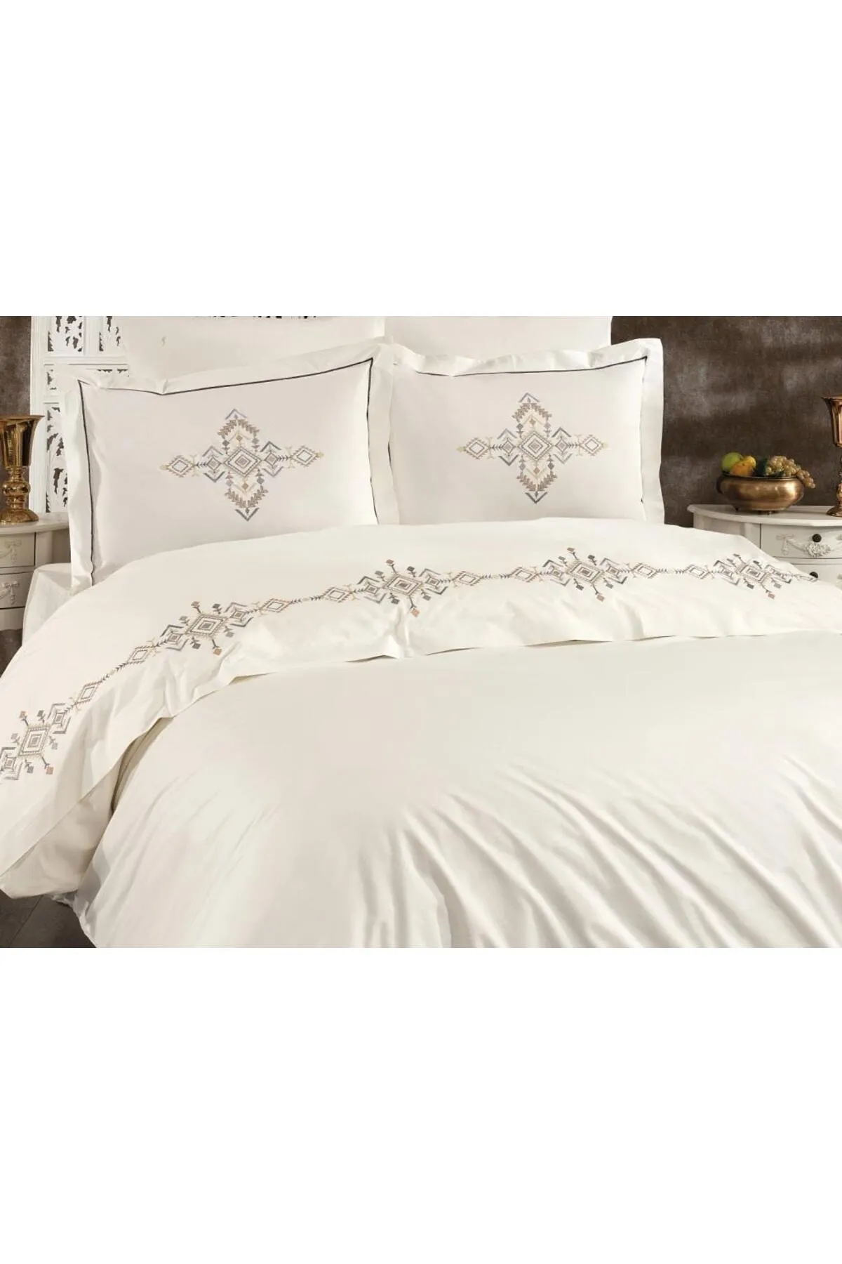 Çeyiz Diyarı  Alya besticktes Doppelbett-Bettbezug-Set, Creme – Grau