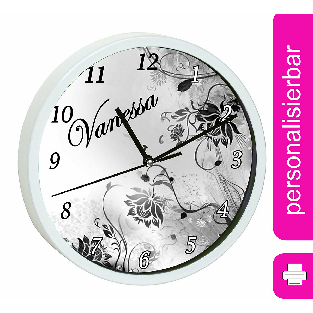Kinder Wanduhr laufruhig personalisiert mit Name Blumenranke Schwarz