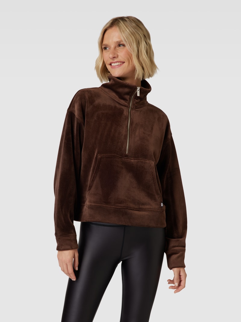 Sweatshirt mit kurzem Reißverschluss Modell 'TECH VELOUR' in schokobraun