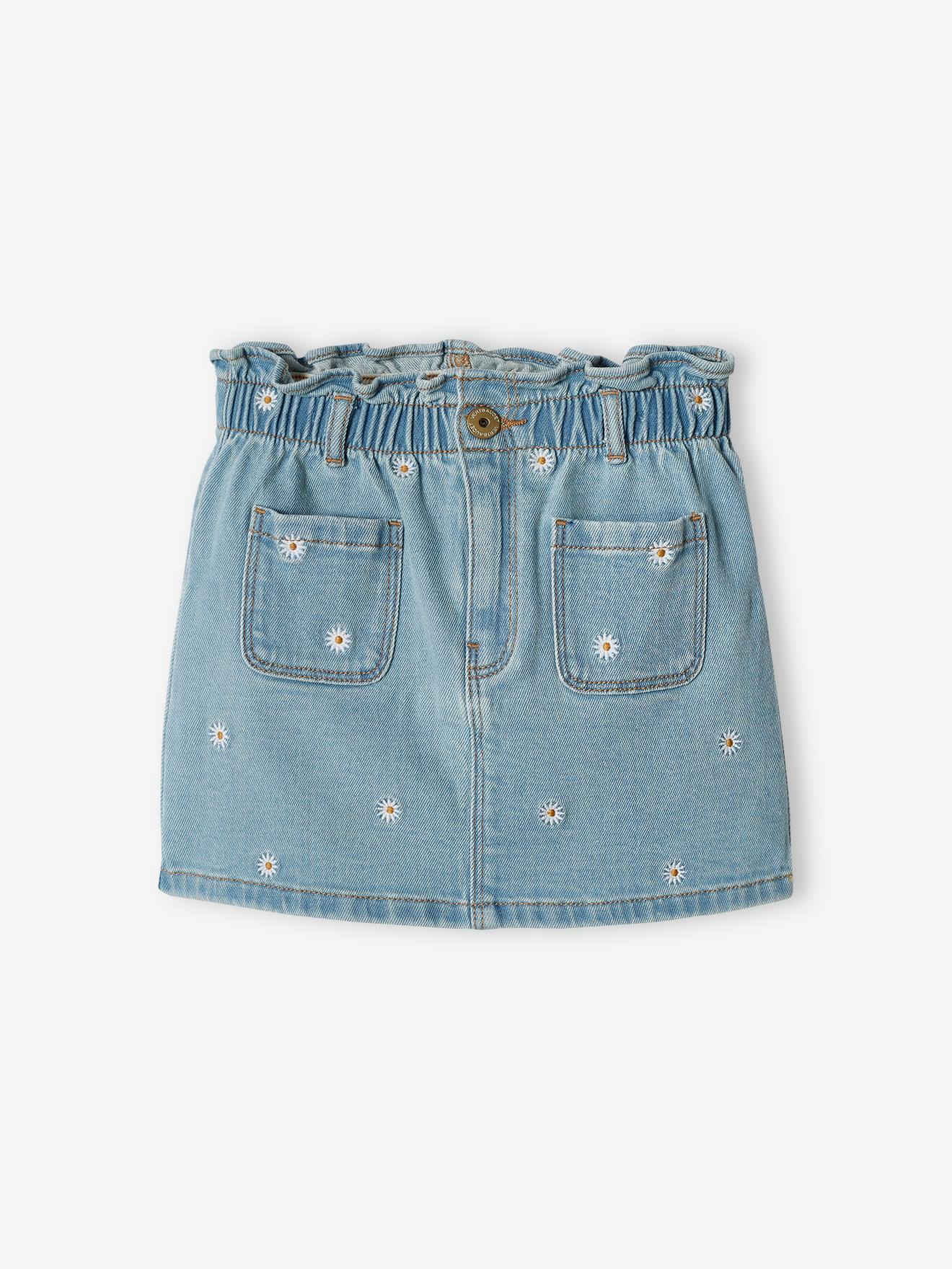 Jupe en jean brodée fleurs fille double stone