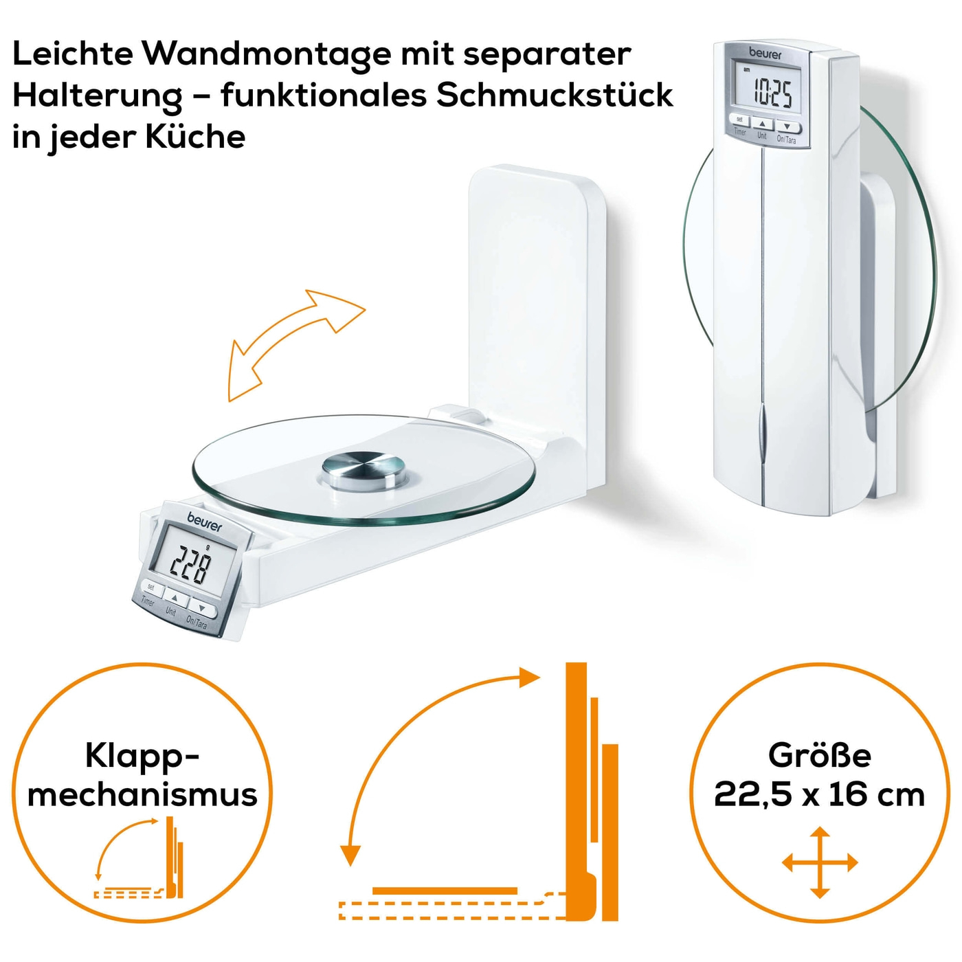 Beurer Wandküchenwaage - KS 52-Klappbare Küchenwaage für die Wand mit Uhrzeit & Timerfunktion