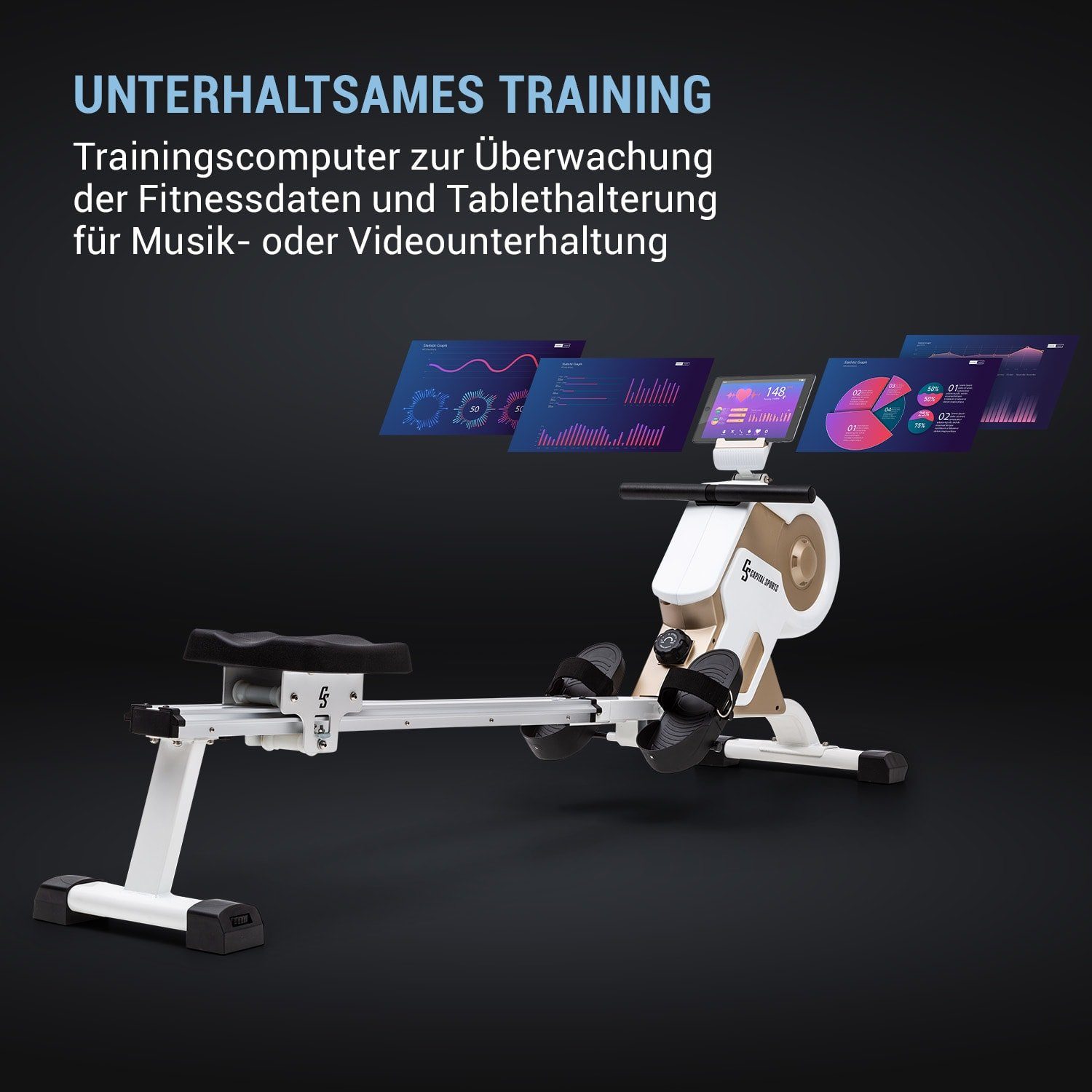 Capital Sports Rudermaschine Stream M1 Magnetrudergerät 105cm LC-Display 8 Stufen Aluminium, Rudergerät für Zuhause Sport Rowing Machine Fitnessgerät Sportgerät Trainingsgerät