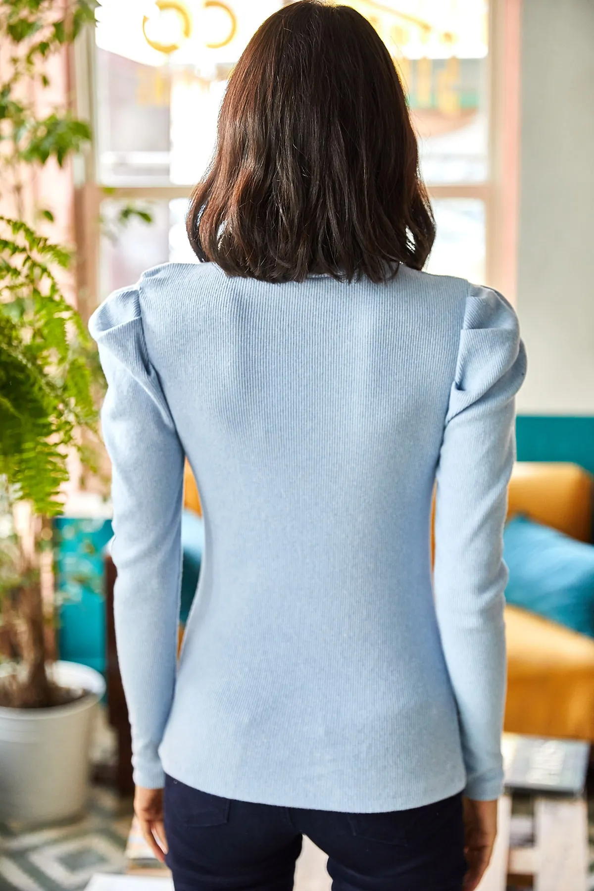 Olalook  Babyblaue Lycra-Bluse mit Prinzessinnenärmeln für Damen BLZ-19001595