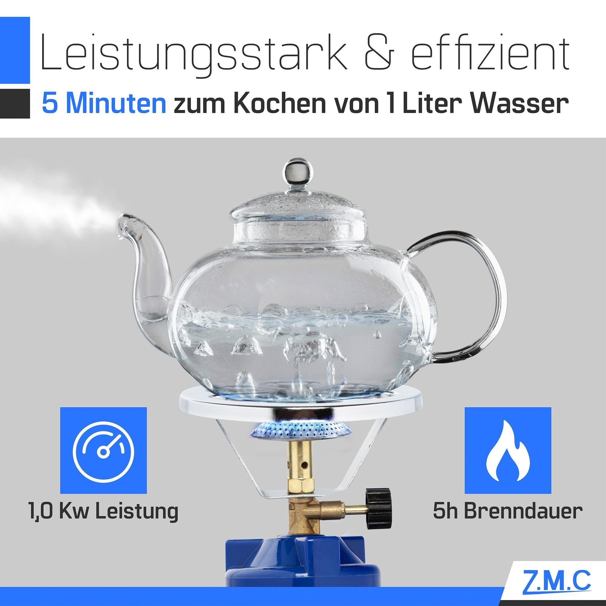 ZMC Gaskocher Campingkocher Gaskocher Shisha Kohleanzünder + 10x Gaskartuschen 190g, (Maximale Temperatur: 1100W / Gewicht: 520g / Butangas), Butangasbrenner Kartuschenkocher Kochfeld für Festivals, Wanderungen