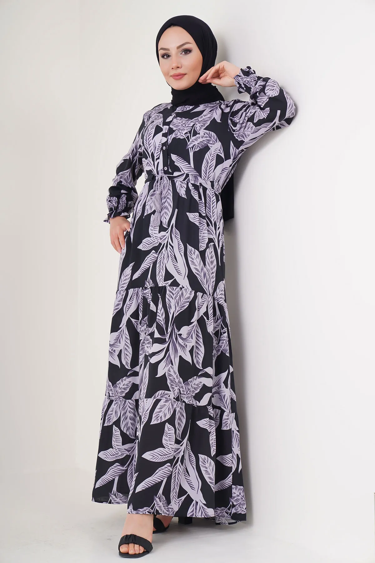 Bigdart  2145 Gemustertes Hijab-Kleid – D. Schwarz