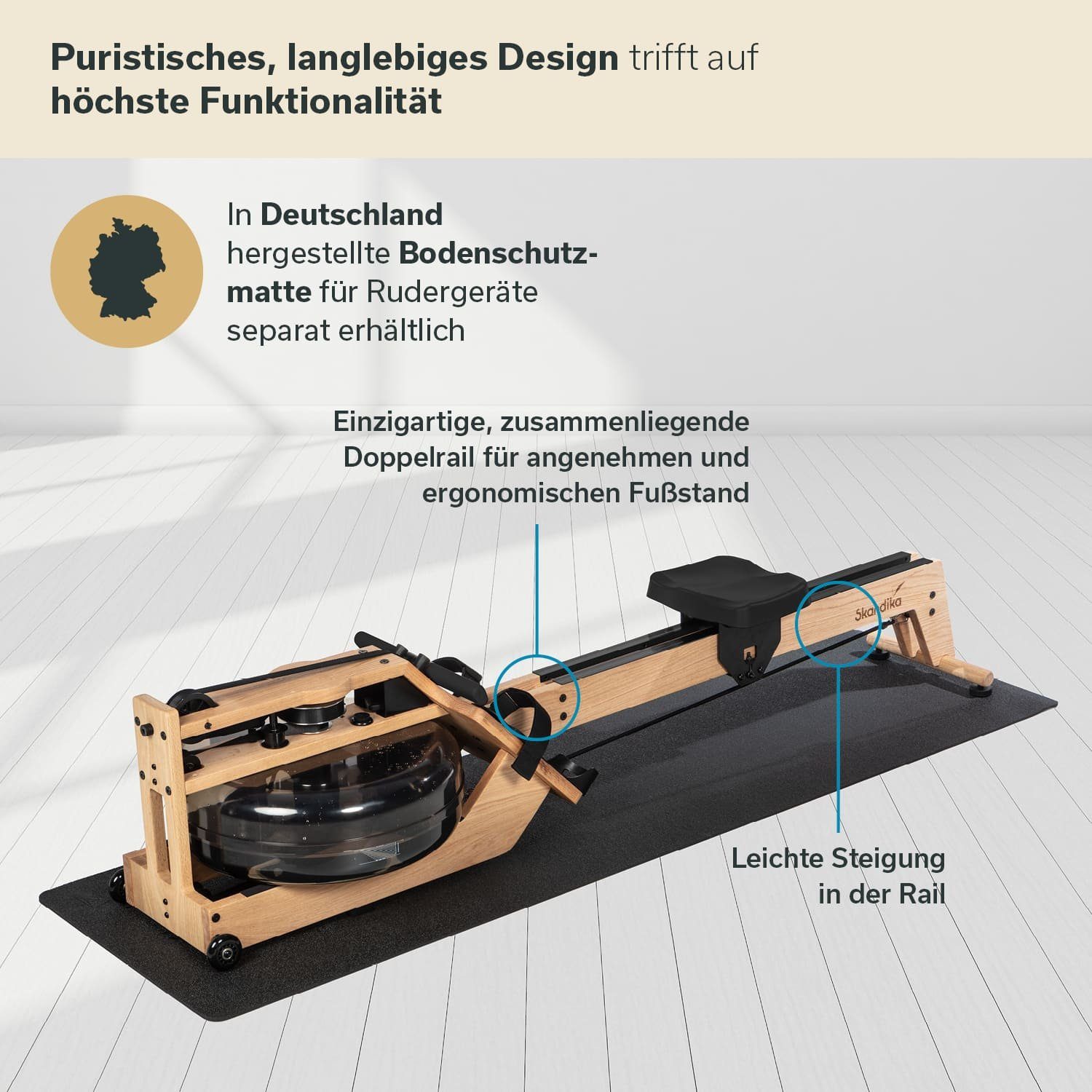 Skandika Rudergerät Styrke, Rudergerät Wasser aus Holz, Wasserrudergerät für Zuhause, Eiche