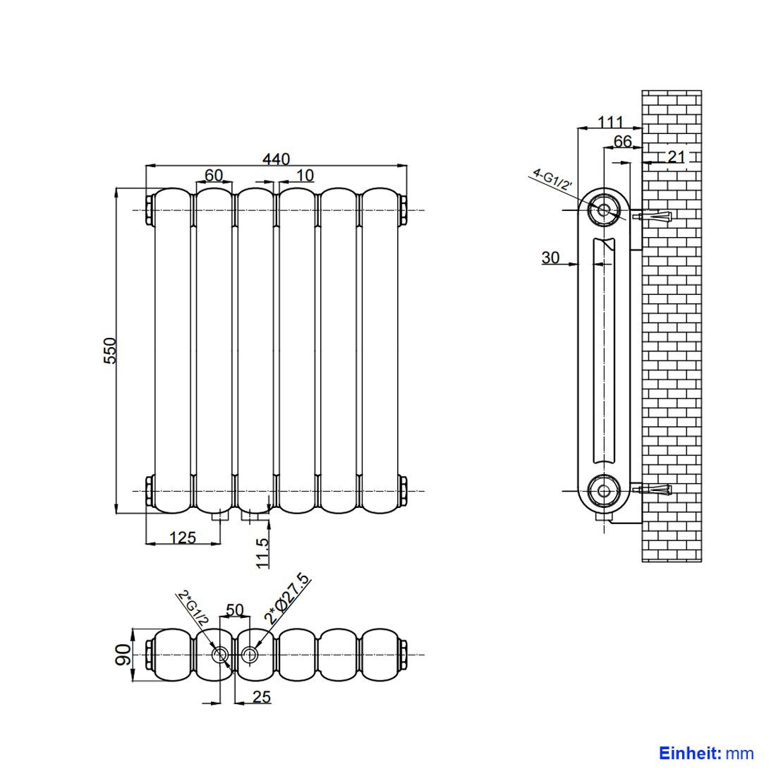 EMKE Heizkörper Heizkörper Röhrenheizkörper Design-Heizkörper Horizontal Weiß, Doppellagig Klein Heizung Seitenanschluss für Warmwasser Weiß