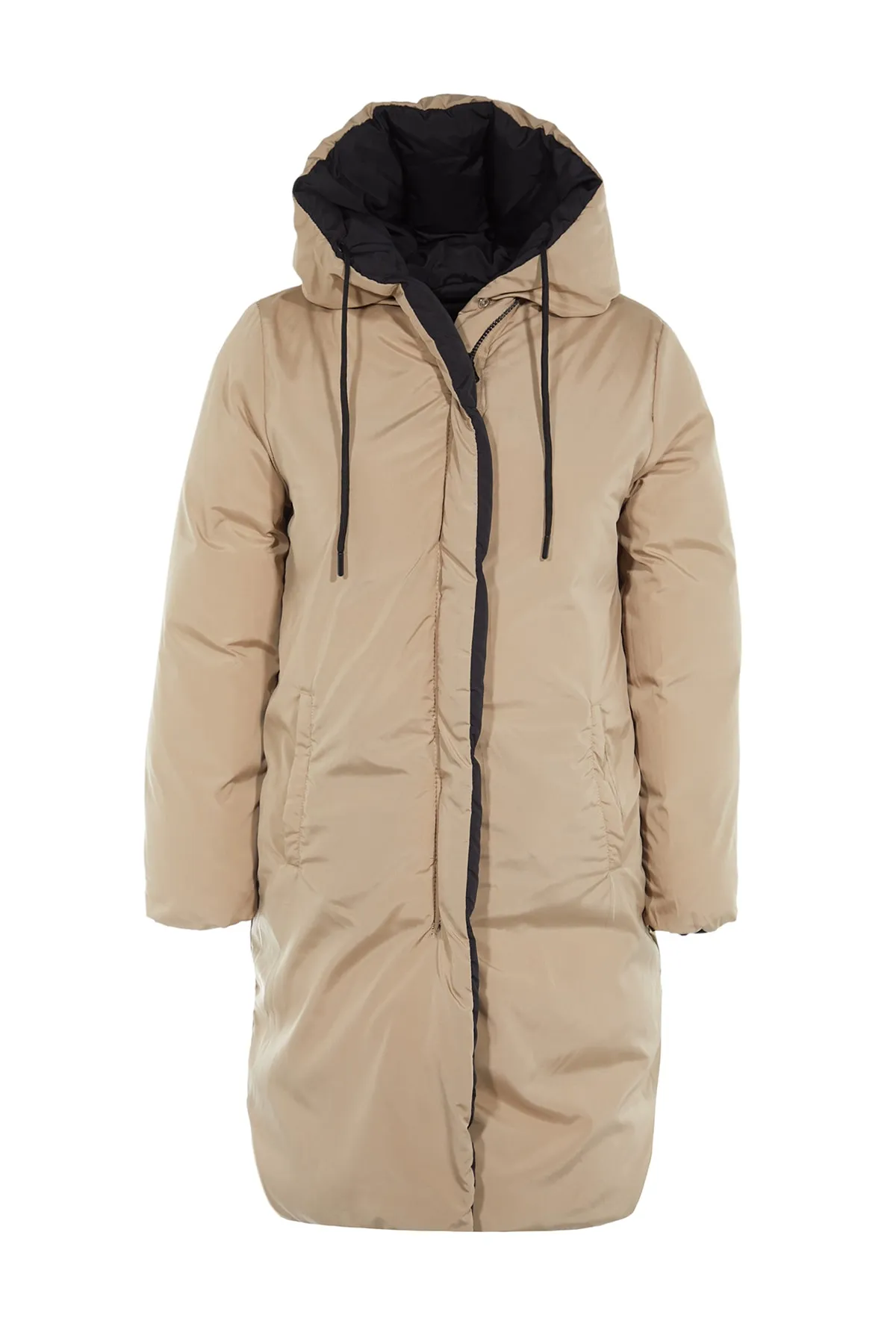 Trendyol Collection  Schwarz-beige, wendbare, wasserabweisende lange Pufferjacke mit Kapuze TWOAW23MO00052